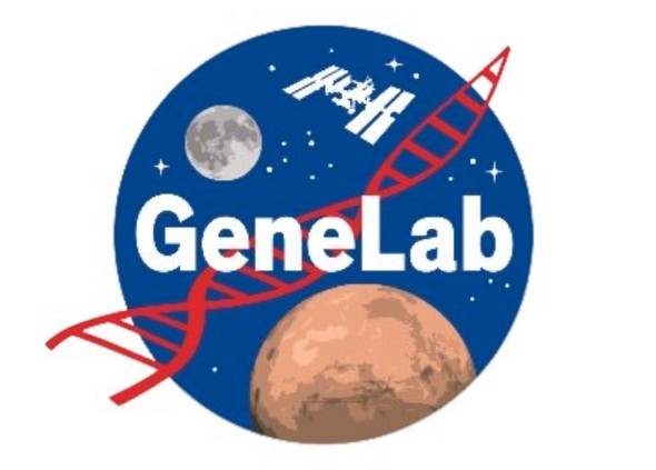 GeneLab logo with a red DNA strand, the words “GeneLab,” a moon, Mars, the International Space Station, and stars on a blue circular background.