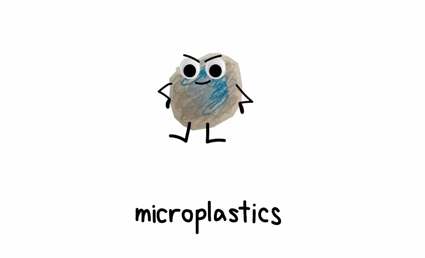 Cartoon of a grey lump with googly eyes, arms, and legs, labeled “microplastics” underneath in lowercase letters.