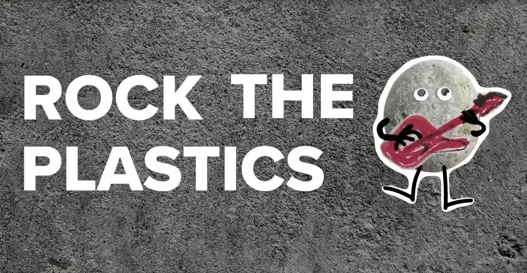 Text “Rock The Plastics!” appears over a textured gray background, with a cartoon rock character playing a red guitar on the right side.
