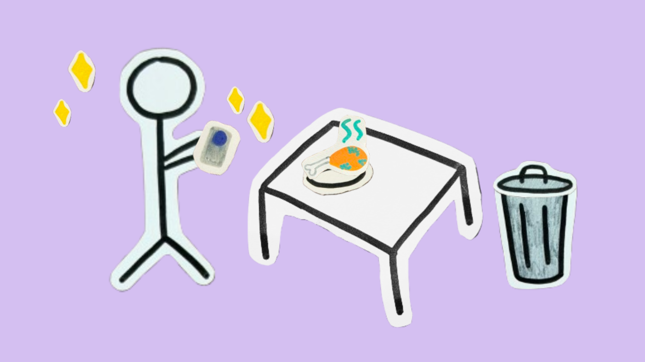 A stick figure holding a camera takes a photo of food on a table, with a trash can nearby, on a purple background.