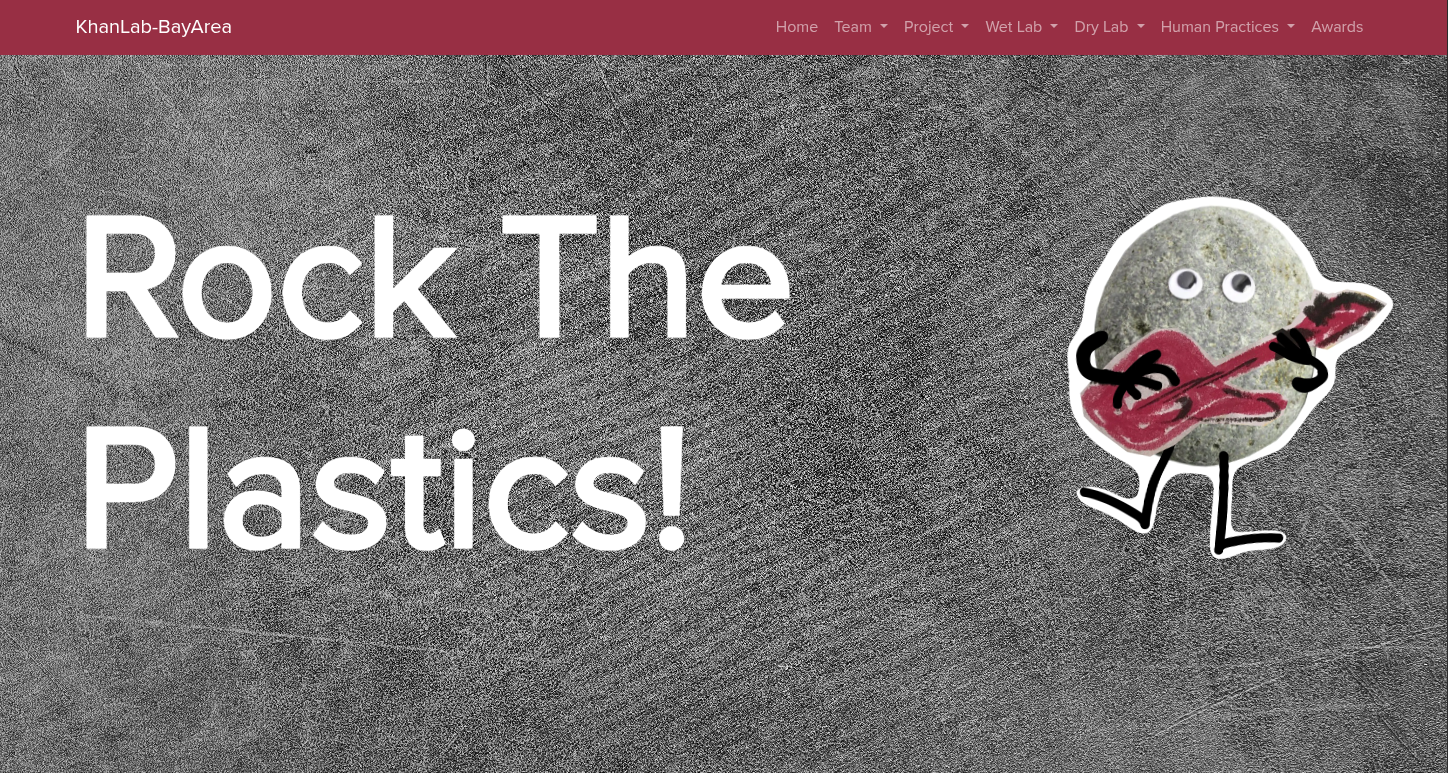 A website with the text “Rock The Plastics!” appears over a textured gray background, with a cartoon rock character playing a red guitar on the right side.