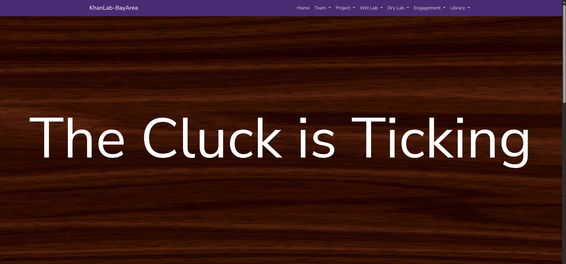 Website with a purple header and navigation menu; large white text on a wooden background reads, “The Cluck is Ticking.”.