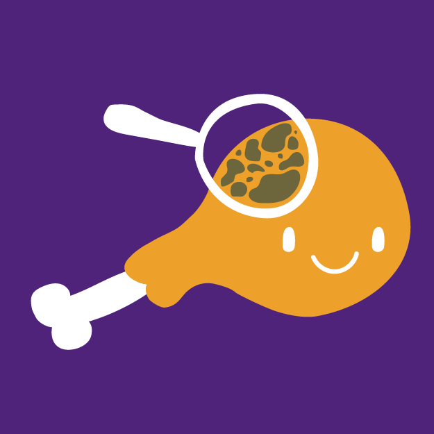A chicken drumstick with a magnifying over it smiling in front of a purple background.