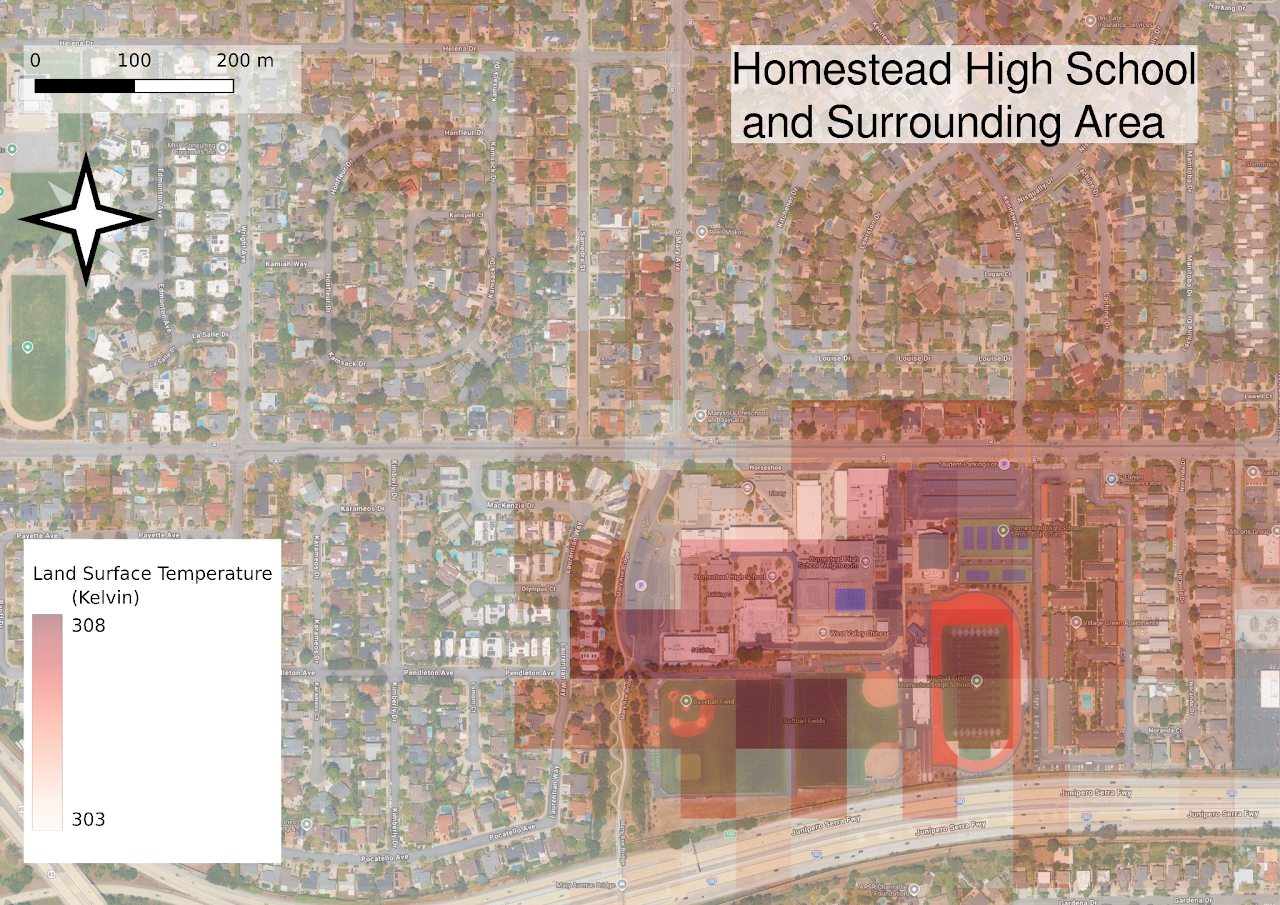A map of Homestead High School where the fields are hotter than the surrounding area.
