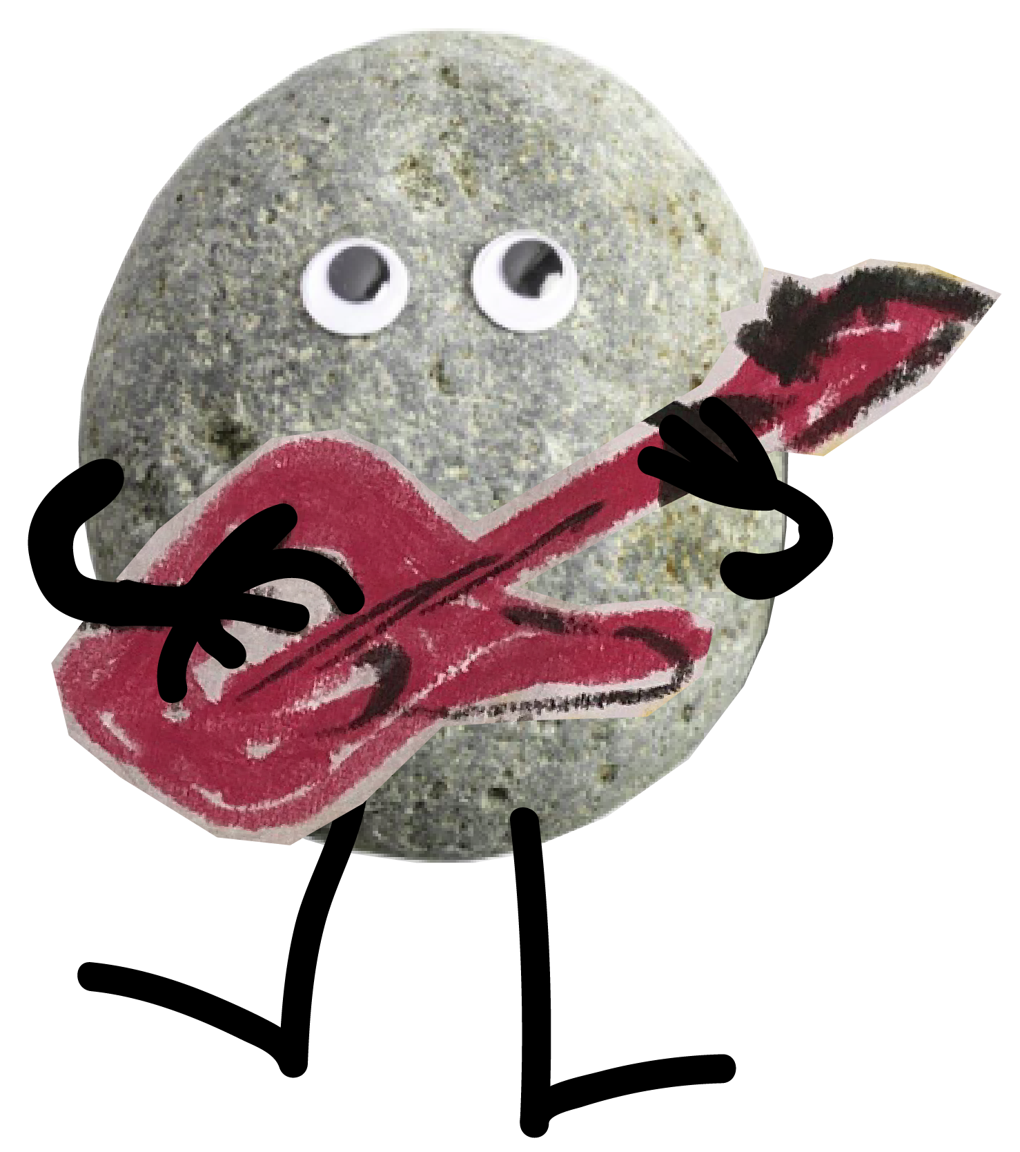 A rock with googly eyes holding a guitar.