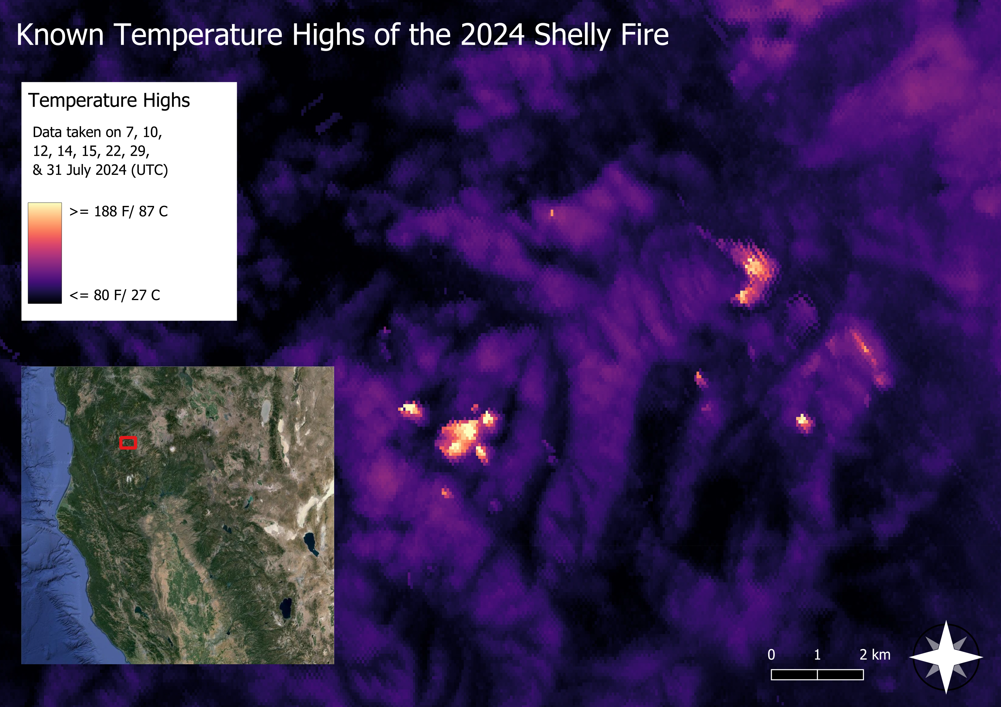 A map of Northern California with bright sports labeled "Known Temperature Highs of the 2024 Shelly Fire."