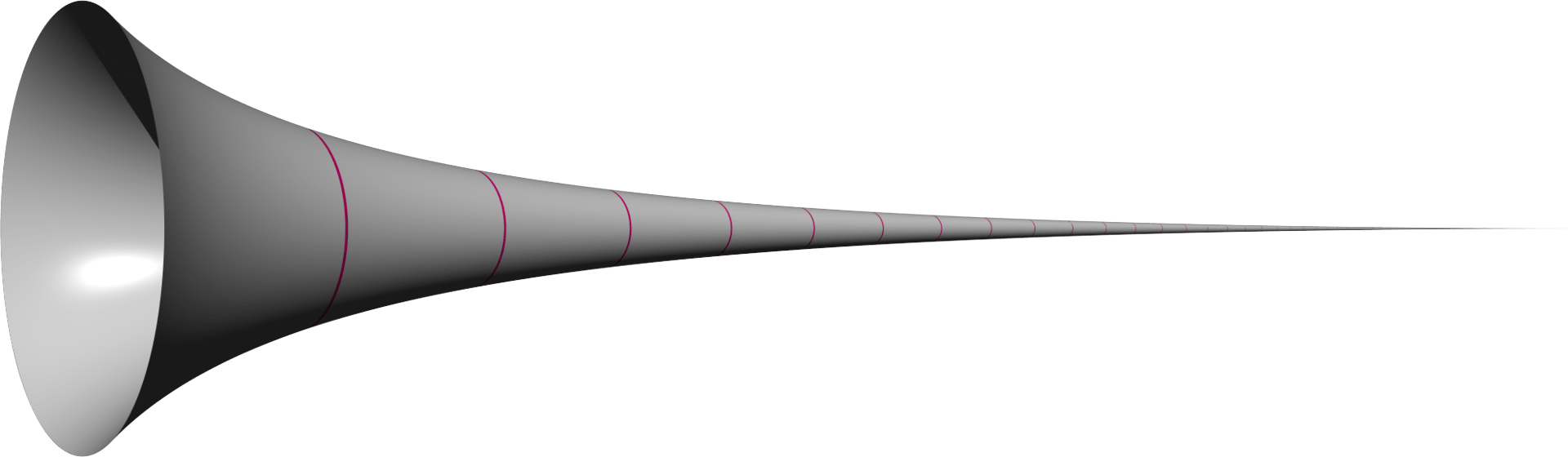 A 3D rendered model of Gabriel's Horn, a trumpet-like shape that narrows infinitely to the right.